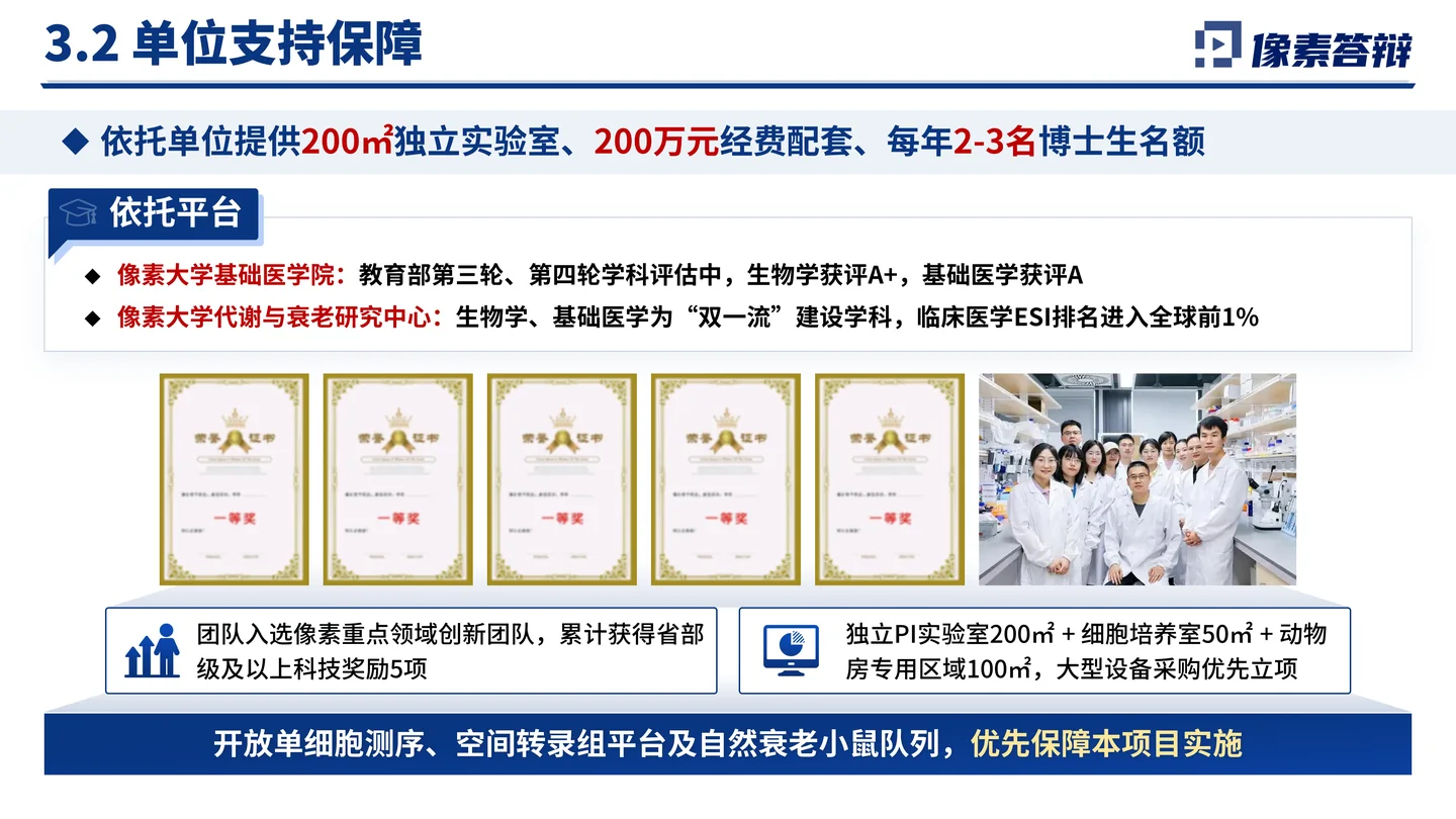 国家杰青(青年科学基金项目A类)答辩PPT模板(铁死亡与衰老炎症)单位支持与平台保障页面参考
