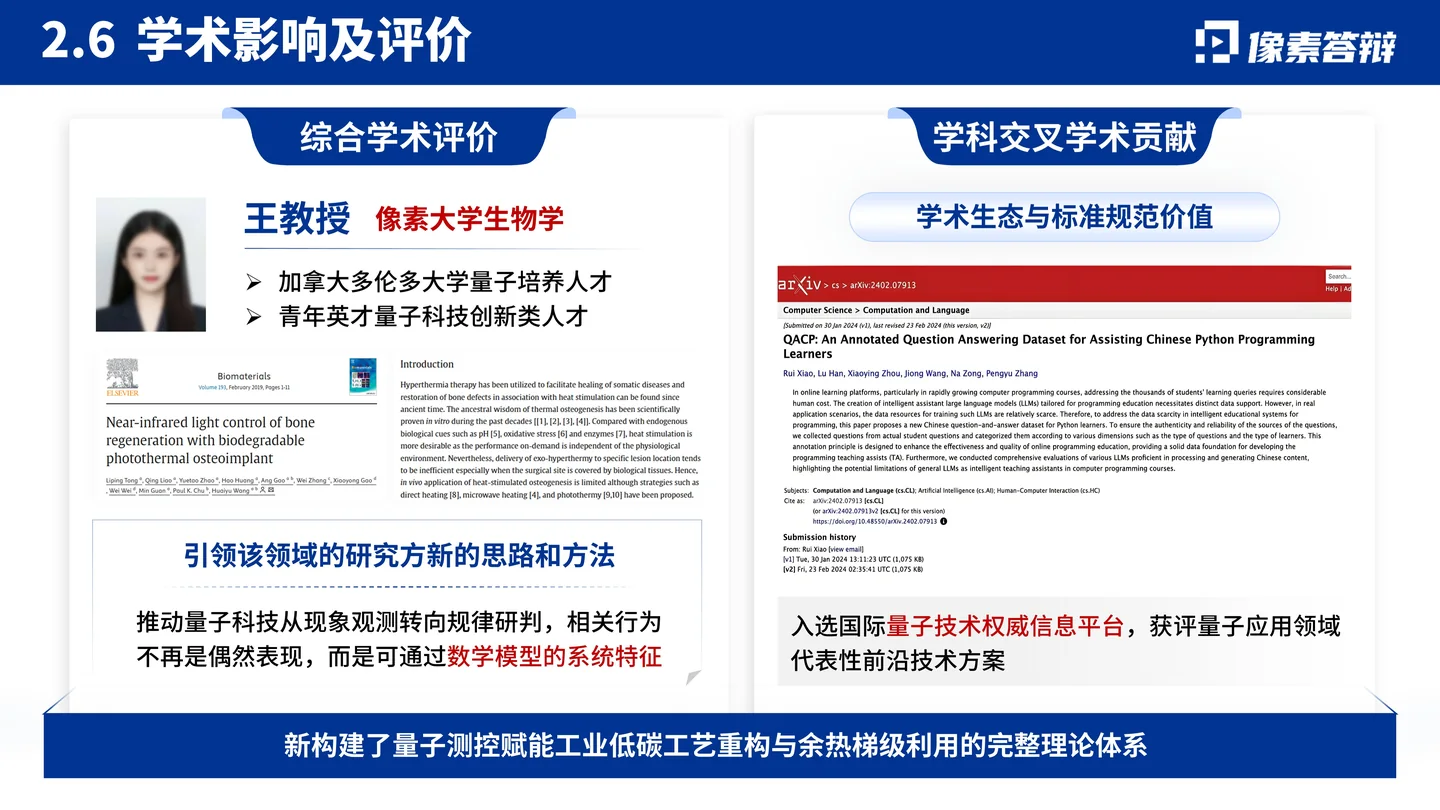 国家优青(青年科学基金项目B类)答辩PPT模板(量子测控与工业低碳工艺)学术评价与交叉贡献页面参考